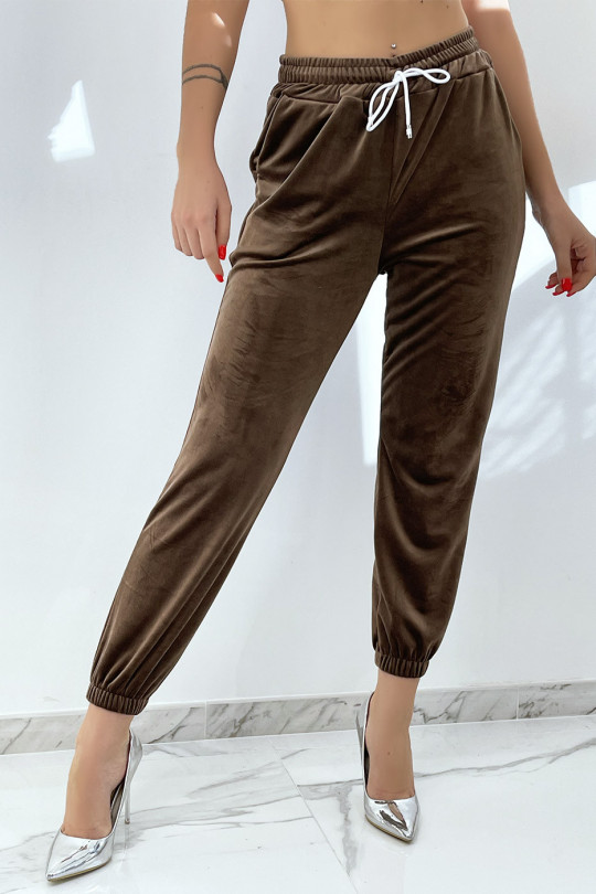 Brown peach skin joggers with pockets - 1