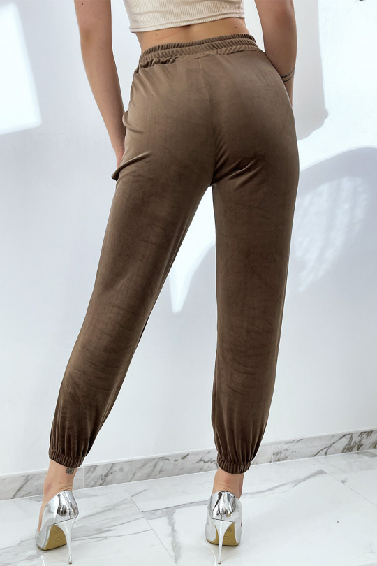 Brown peach skin joggers with pockets - 5