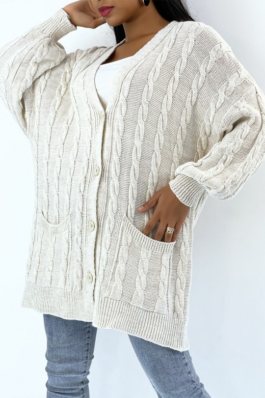Long beige cable knit cardigan with buttons - 1