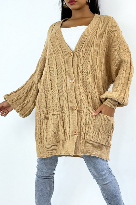 Long camel cable knit cardigan with buttons - 1