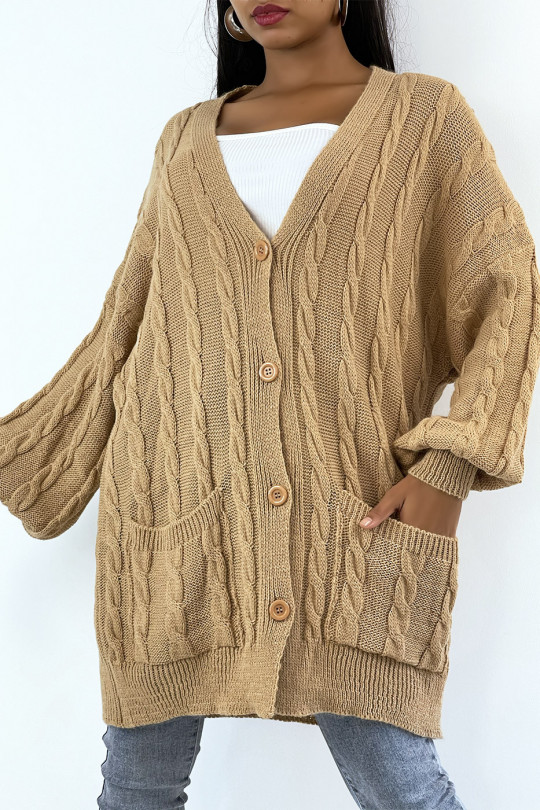 Long camel cable knit cardigan with buttons - 2
