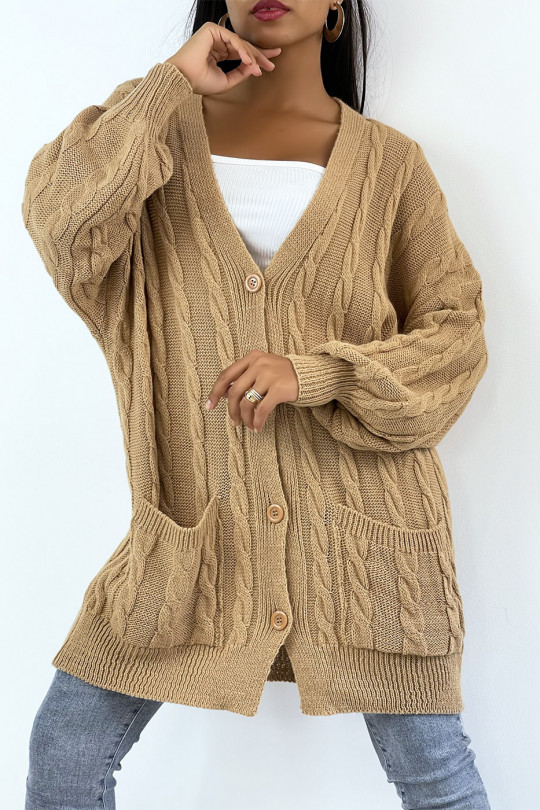 Long camel cable knit cardigan with buttons - 3