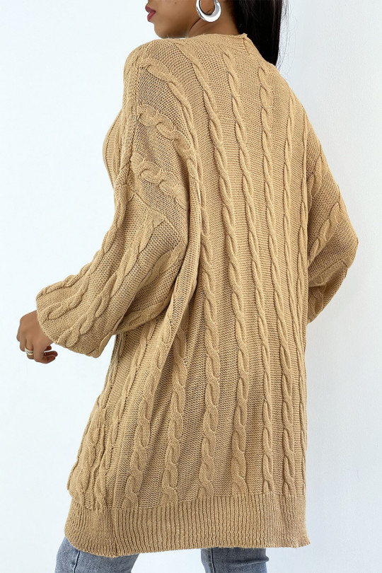 Long camel cable knit cardigan with buttons - 4