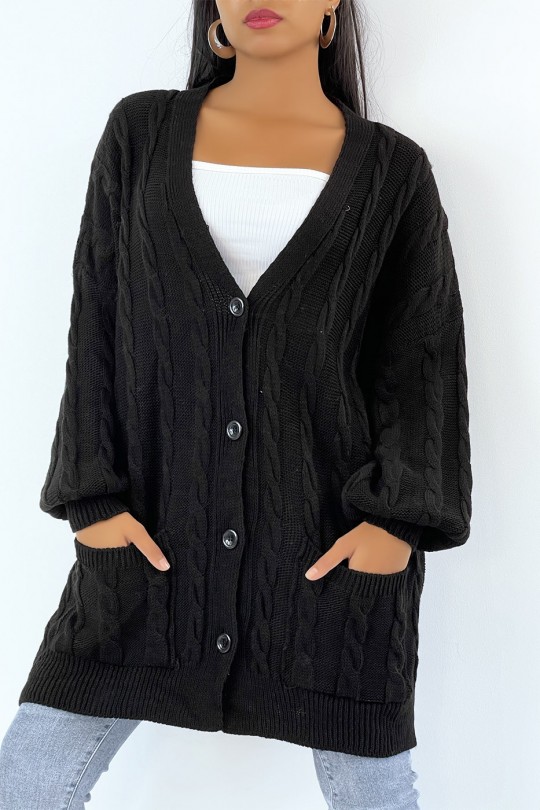 Long black cable knit cardigan with buttons - 1