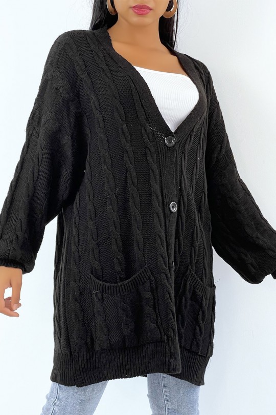 Long black cable knit cardigan with buttons - 2