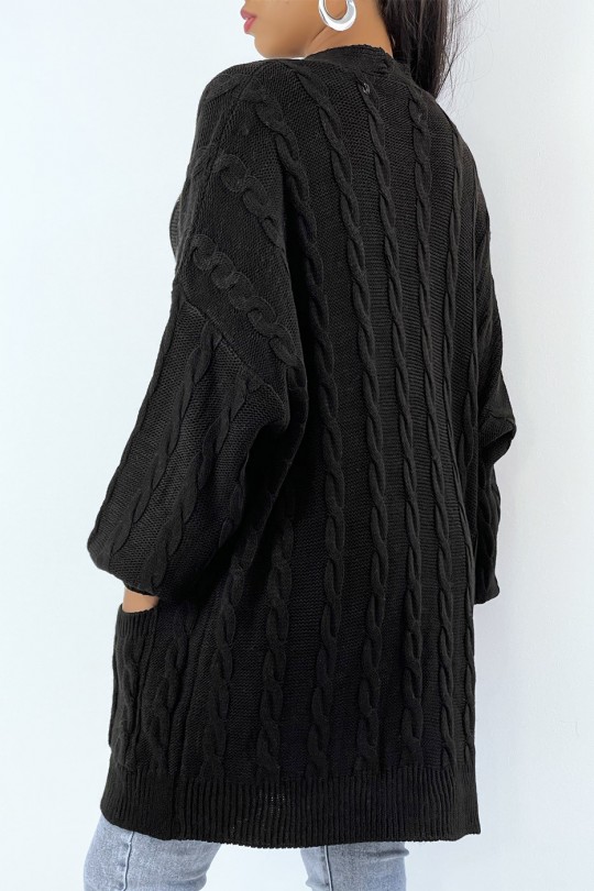 Long black cable knit cardigan with buttons - 3