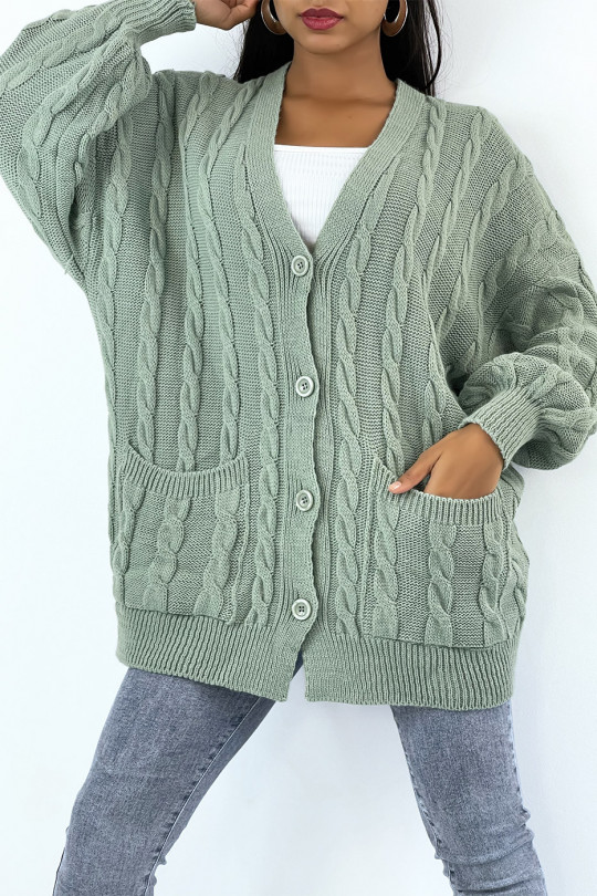 Long green cable knit cardigan with buttons - 2