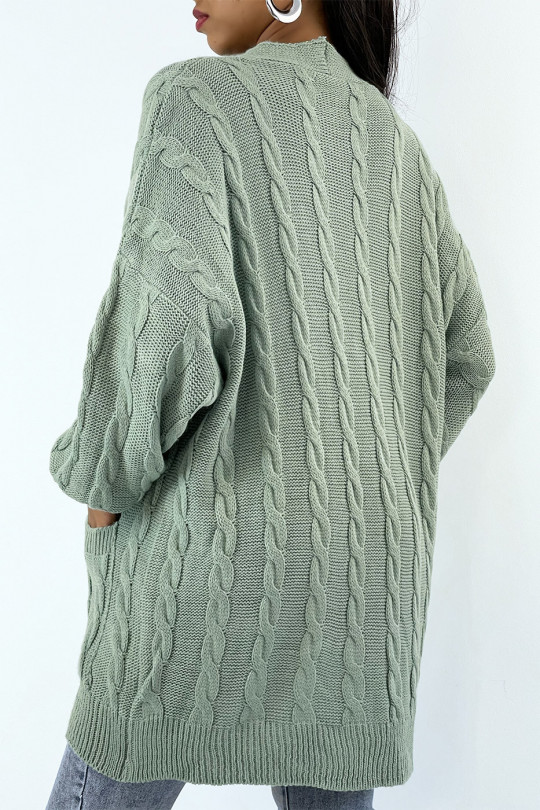 Long green cable knit cardigan with buttons - 4