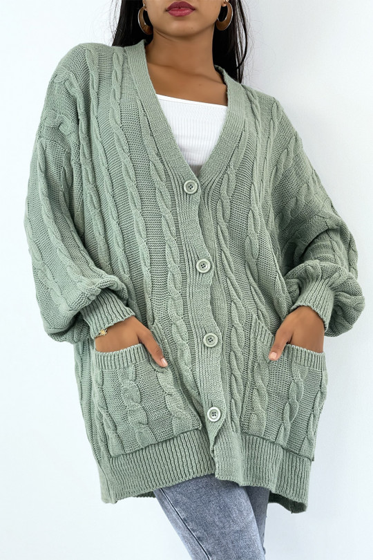 Long green cable knit cardigan with buttons - 1