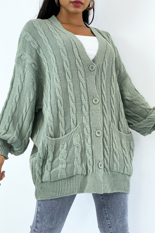 Long green cable knit cardigan with buttons - 3