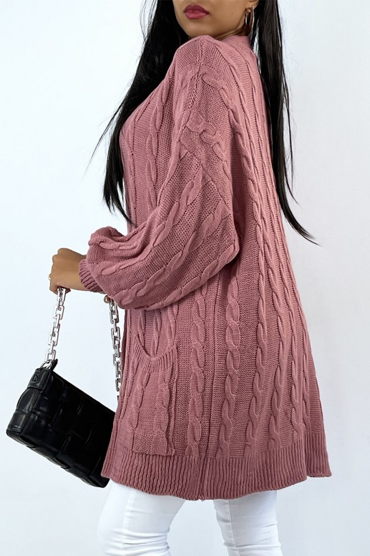 Long pink cable knit cardigan with buttons - 4