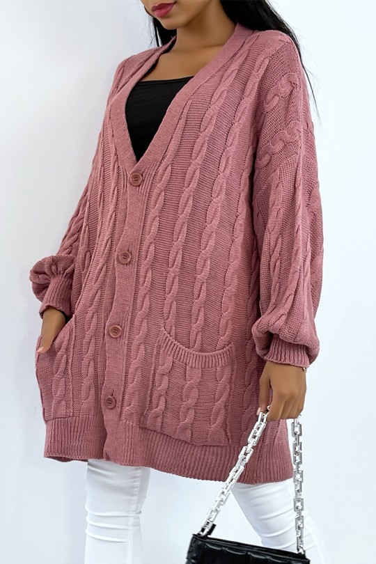 Long pink cable knit cardigan with buttons - 1