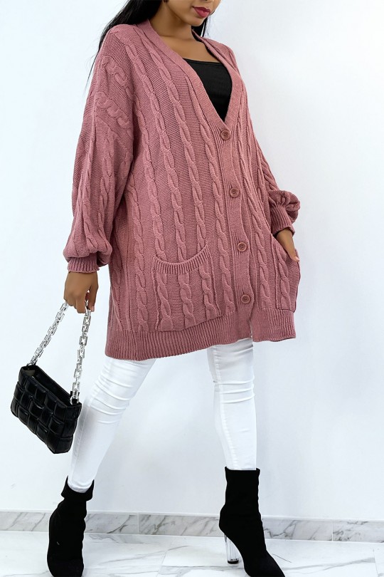 Long pink cable knit cardigan with buttons - 2