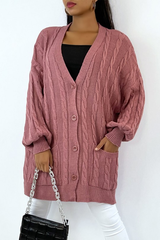 Long pink cable knit cardigan with buttons - 3