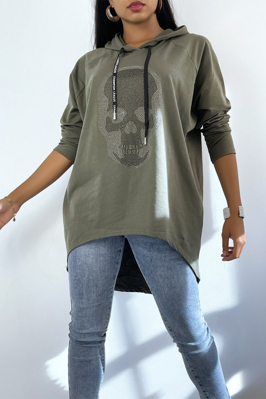 Sweat asymétrique kaki avec dessin en strass - 3
