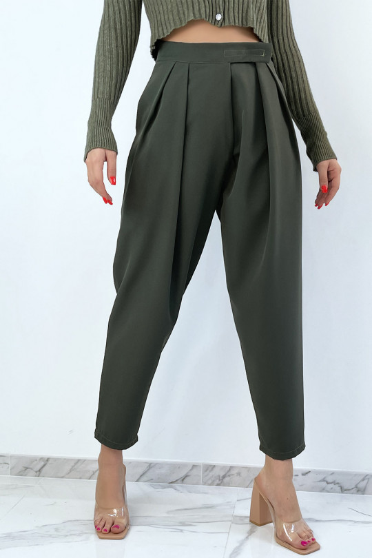 Khaki high waist baggy trousers with pleats - 1