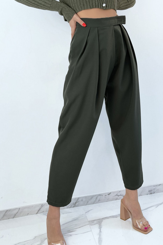 Khaki high waist baggy trousers with pleats - 2