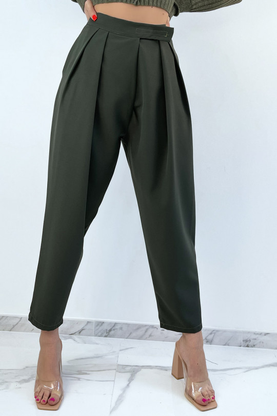 Khaki high waist baggy trousers with pleats - 3