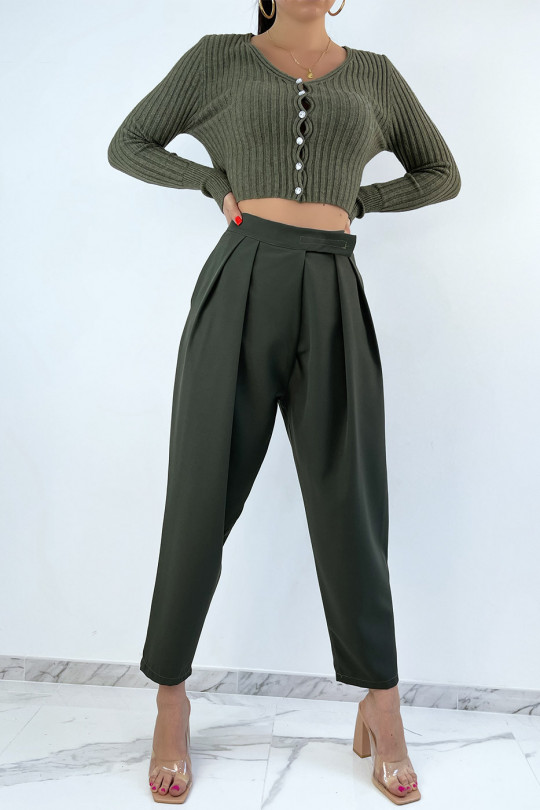 Khaki high waist baggy trousers with pleats - 5