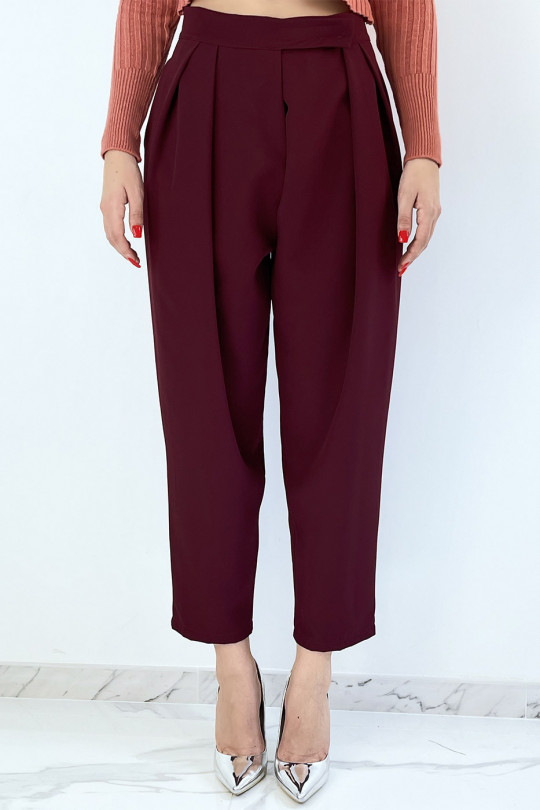 Burgundy high-waisted baggy trousers with pleats - 1