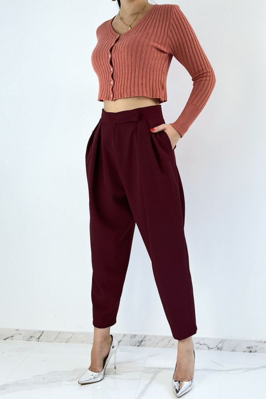 Burgundy high-waisted baggy trousers with pleats - 4