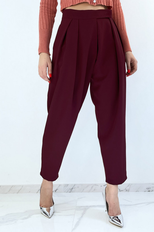 Burgundy high-waisted baggy trousers with pleats - 2
