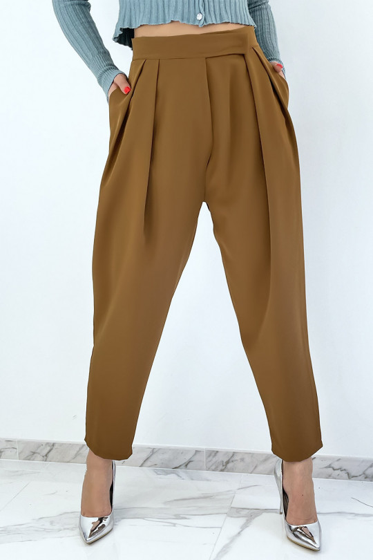Camel baggy high waist pleated pants - 1