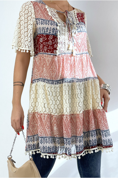 Beige en bordeaux gehaakte tuniek met bohemian print - 3