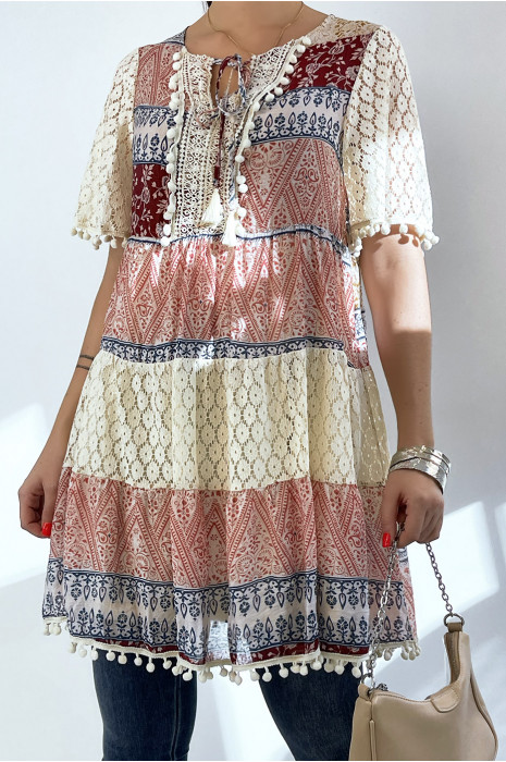 Beige and burgundy crochet tunic with bohemian print - 1