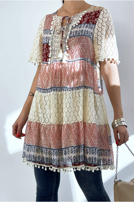 Beige and burgundy crochet tunic with bohemian print - 2