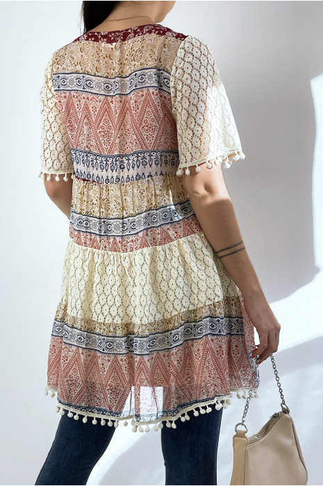 Beige and burgundy crochet tunic with bohemian print - 4