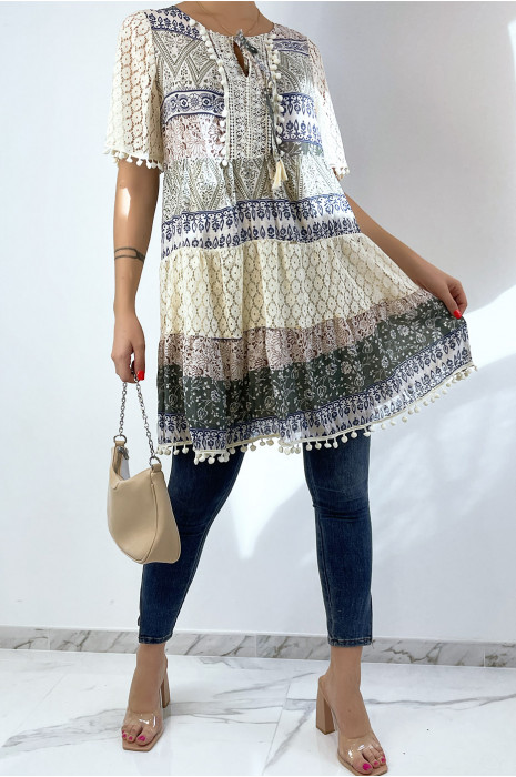 Beige en groene gehaakte tuniek met bohemian print - 2