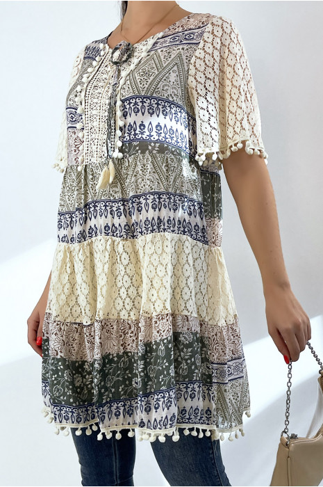 Beige en groene gehaakte tuniek met bohemian print - 1
