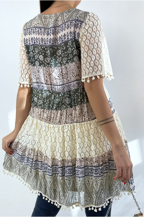 Beige and green crochet tunic with bohemian print - 3