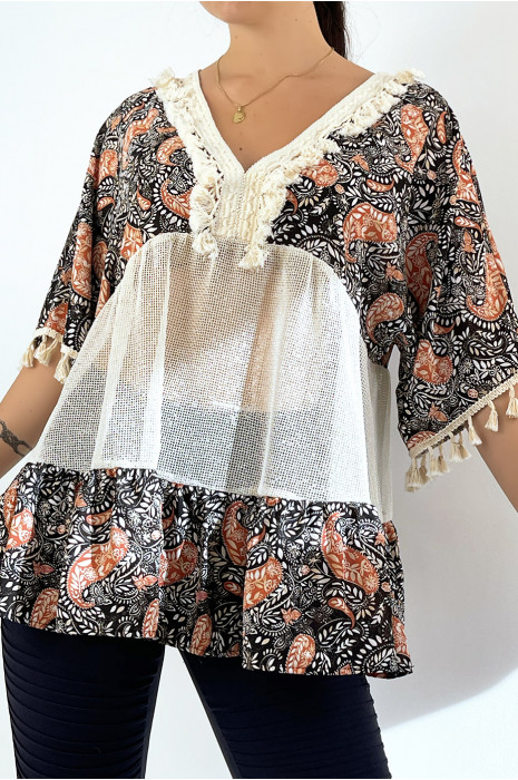 Black openwork bohemian tunic with pompoms and patterns - 2