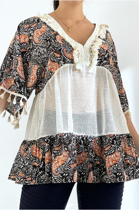 Black openwork bohemian tunic with pompoms and patterns - 1