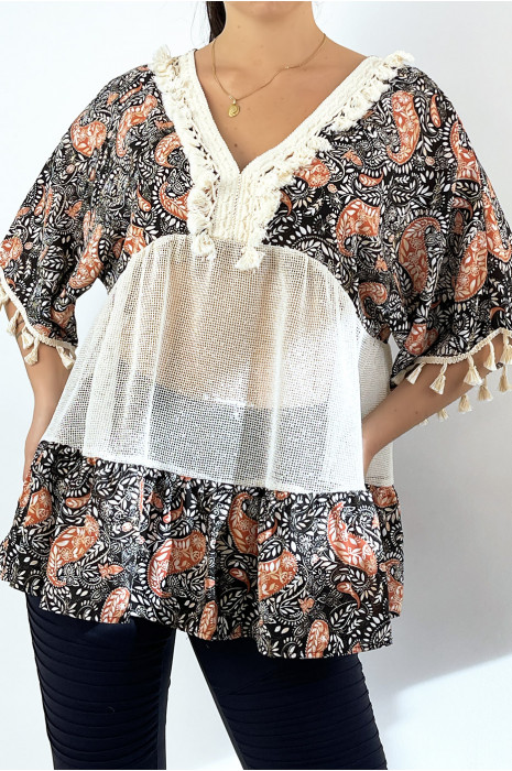 Tunique noire ajourée façon bohème avec pompons et motifs - 3