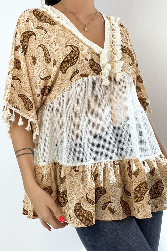Bohemian style openwork beige tunic with pompoms and patterns - 1
