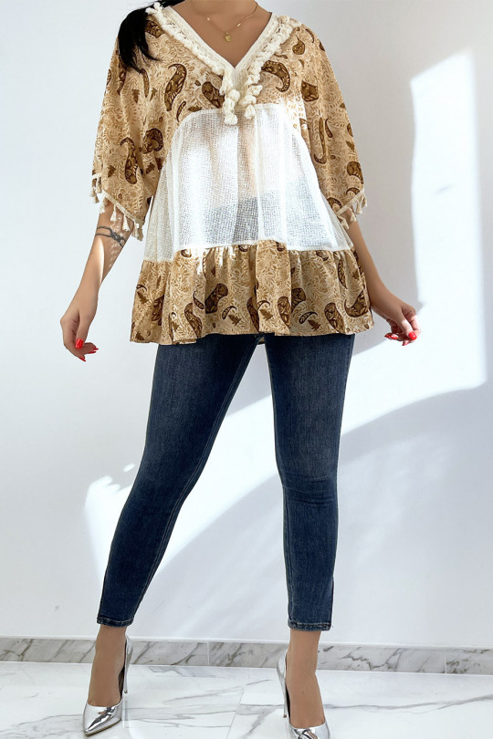 Bohemian style openwork beige tunic with pompoms and patterns - 4