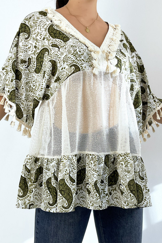 Bohemian openwork khaki tunic with pompoms and patterns - 1
