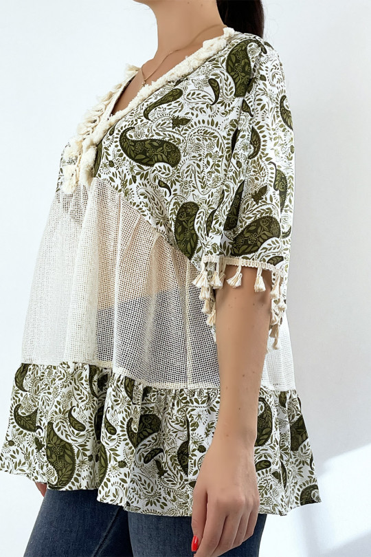 Bohemian openwork khaki tunic with pompoms and patterns - 3