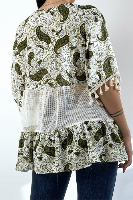 Bohemian openwork khaki tunic with pompoms and patterns - 4