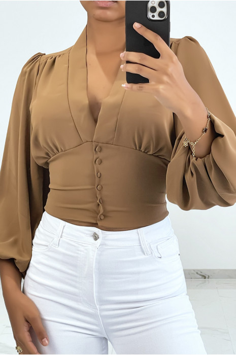 Chemisier crop top camel à manches bouffantes et décolleté V - 1