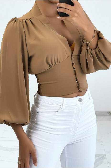 Chemisier crop top camel à manches bouffantes et décolleté V - 3
