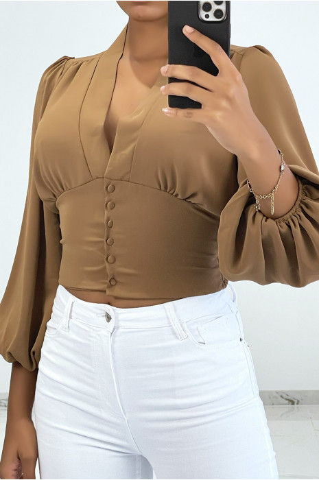 Chemisier crop top camel à manches bouffantes et décolleté V - 2