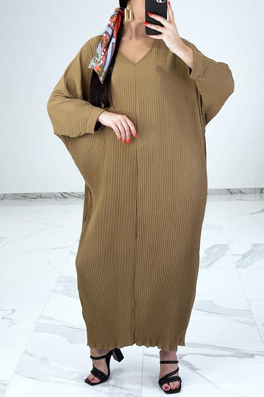 Lange camel vloeiende en geplooide jurk in abaya-stijl - 3