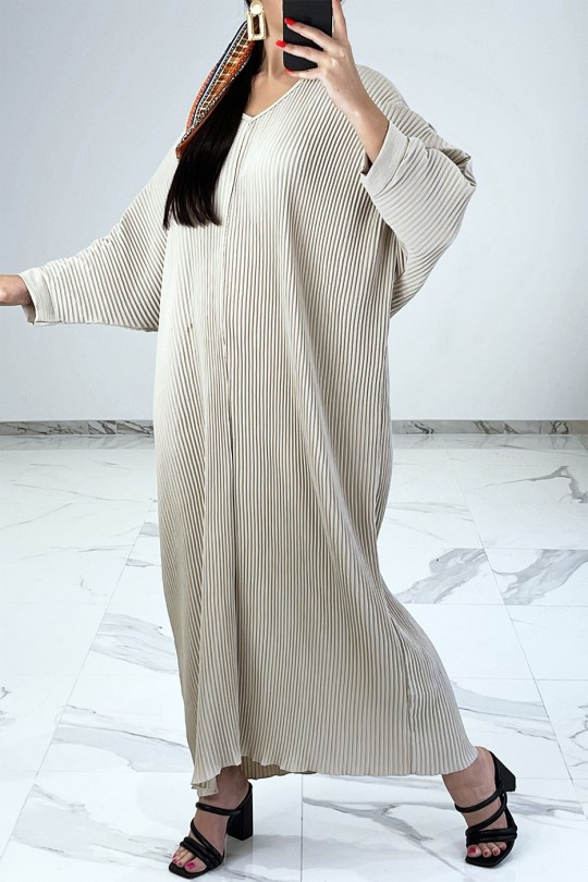 Robe longue beige fluide et plissée façon abaya - 2