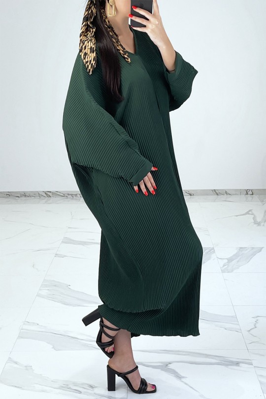 Robe longue verte fluide et plissée façon abaya - 3