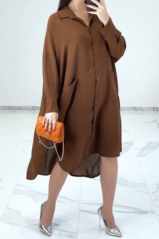 Loose brown shirt dress with batwing sleeves - 2