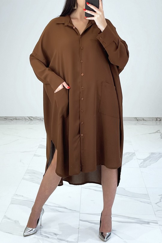 Loose brown shirt dress with batwing sleeves - 3